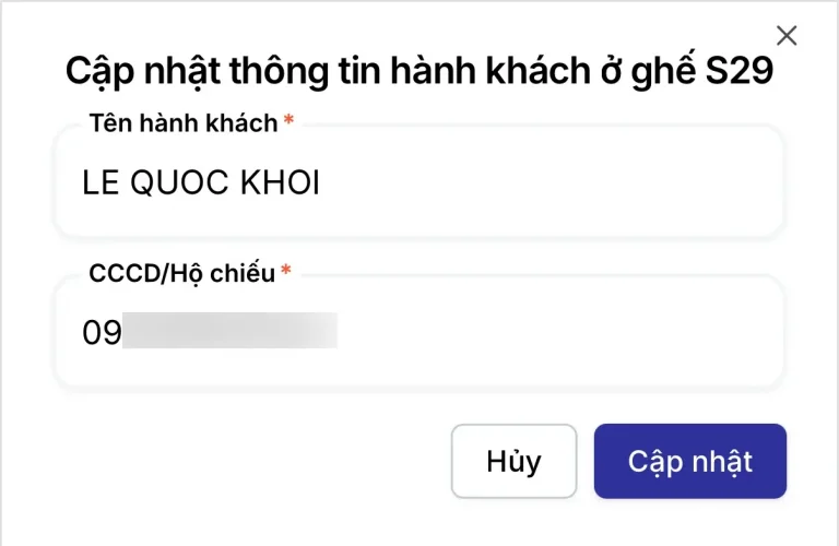 Cập nhật thông tin hành khách Phú Quốc Express