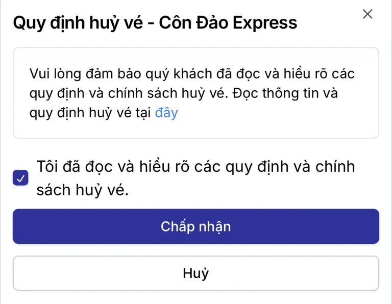 Modal quy định hủy vé