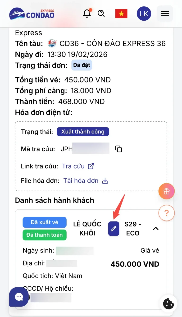 Thay đổi thông tin hành khách Phú Quốc Express