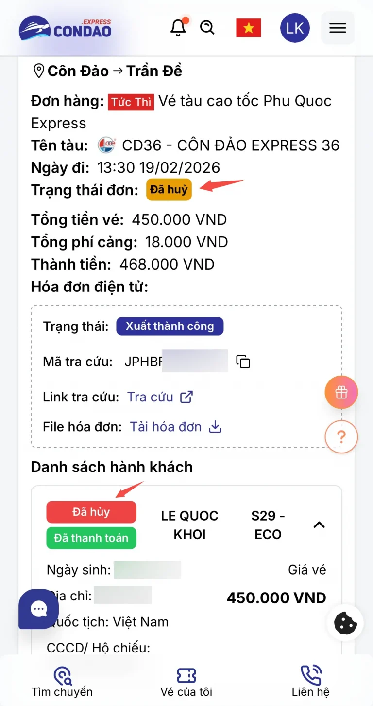 Trạng thái đơn sau khi hủy