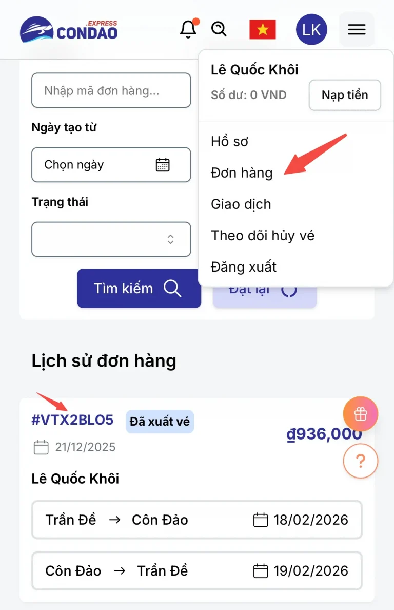 Truy cập trang đơn hàng